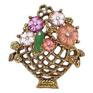 1928 Brand Flower Basket Brooch Molded Lucite, Rhinestone Pin C697